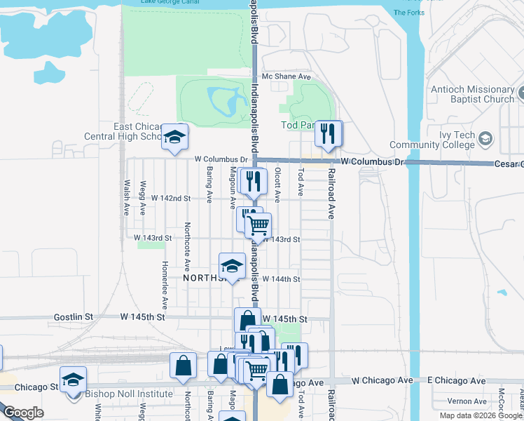 map of restaurants, bars, coffee shops, grocery stores, and more near 4220 Olcott Avenue in East Chicago