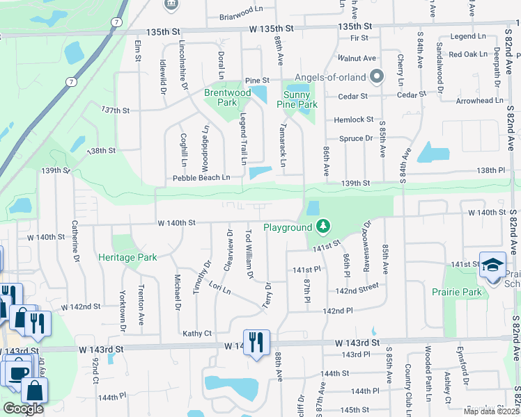 map of restaurants, bars, coffee shops, grocery stores, and more near 8804 West 140th Street in Orland Park