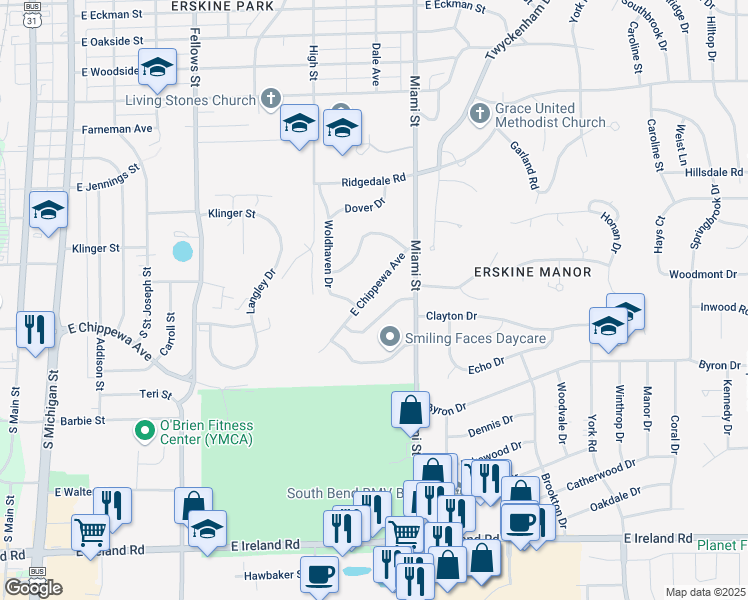 map of restaurants, bars, coffee shops, grocery stores, and more near 916 East Chippewa Avenue in South Bend
