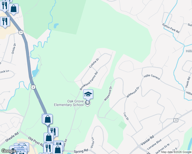 map of restaurants, bars, coffee shops, grocery stores, and more near 30 Brookland Farms Road in Poughkeepsie