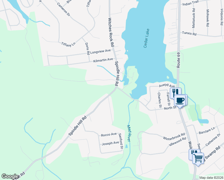 map of restaurants, bars, coffee shops, grocery stores, and more near 1307 Spindle Hill Road in Wolcott