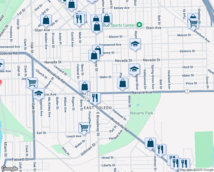 map of restaurants, bars, coffee shops, grocery stores, and more near in Toledo