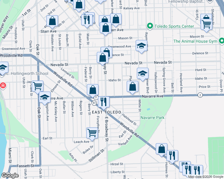 map of restaurants, bars, coffee shops, grocery stores, and more near 737 East Broadway Street in Toledo