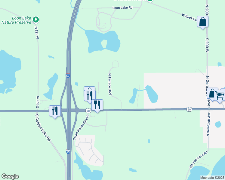 map of restaurants, bars, coffee shops, grocery stores, and more near 300 North Terrace Boulevard in Angola