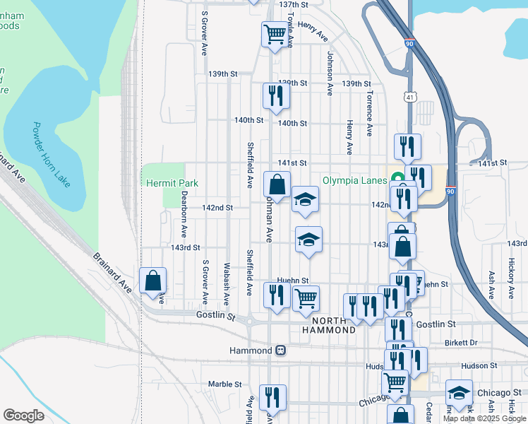map of restaurants, bars, coffee shops, grocery stores, and more near 4218 Hohman Avenue in Hammond