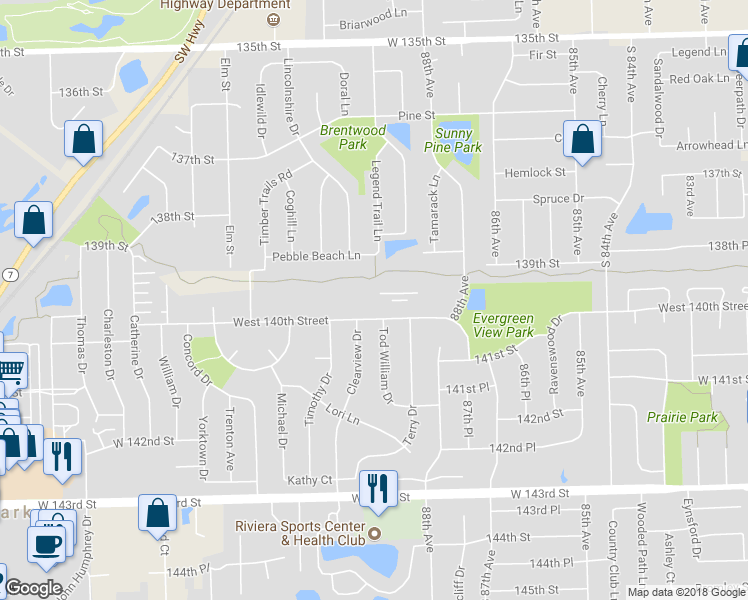 map of restaurants, bars, coffee shops, grocery stores, and more near 8842 140th Street in Orland Park