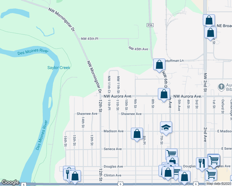 map of restaurants, bars, coffee shops, grocery stores, and more near 1135 Northwest Aurora Avenue in Des Moines