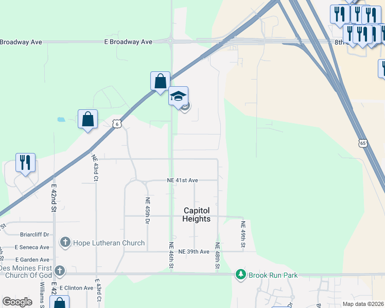 map of restaurants, bars, coffee shops, grocery stores, and more near 4629 East Valdez Drive in Des Moines