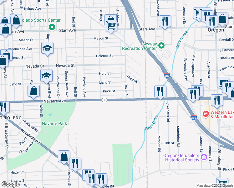 map of restaurants, bars, coffee shops, grocery stores, and more near 2060 Price Street in Toledo