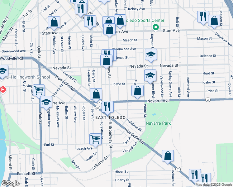 map of restaurants, bars, coffee shops, grocery stores, and more near 734 Parker Avenue in Toledo