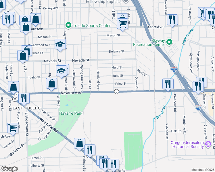 map of restaurants, bars, coffee shops, grocery stores, and more near 1936 Price Street in Toledo