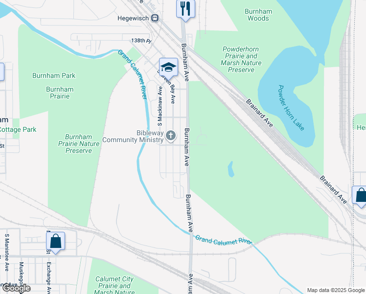 map of restaurants, bars, coffee shops, grocery stores, and more near 14200 Burnham Ave in Burnham
