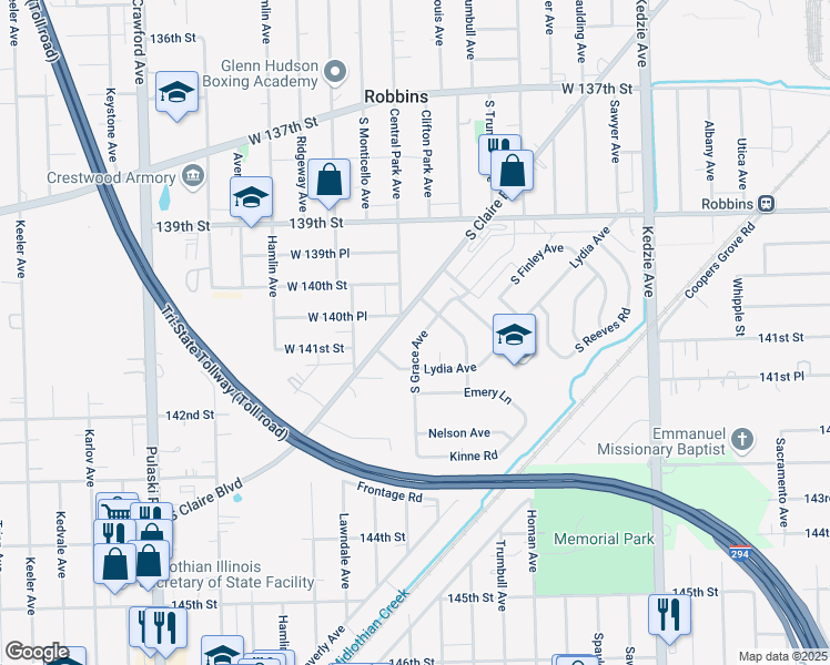map of restaurants, bars, coffee shops, grocery stores, and more near 14032 South Grace Avenue in Robbins
