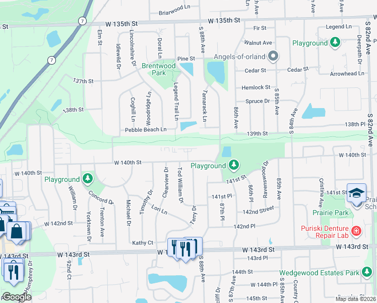 map of restaurants, bars, coffee shops, grocery stores, and more near 8804 West 140th Street in Orland Park