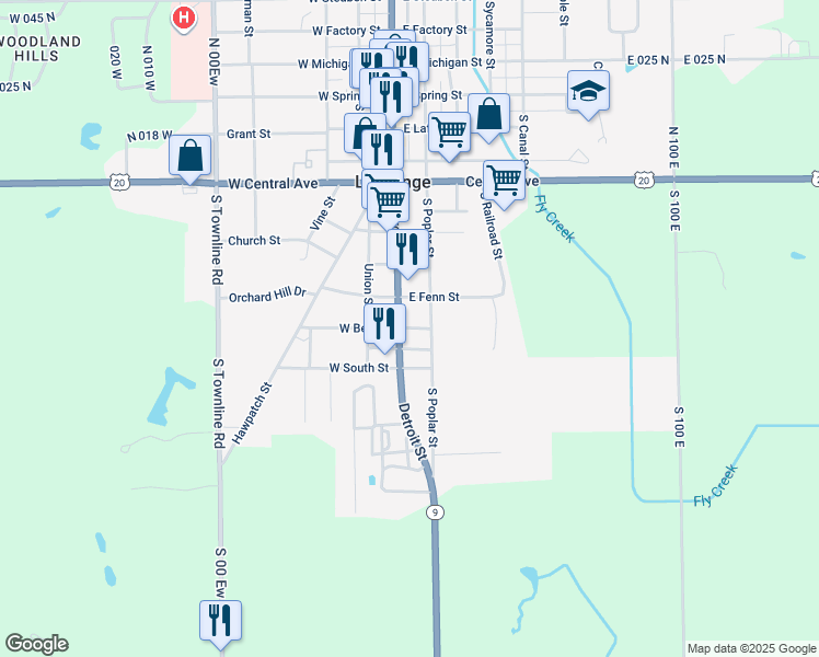 map of restaurants, bars, coffee shops, grocery stores, and more near East Bell Street in LaGrange