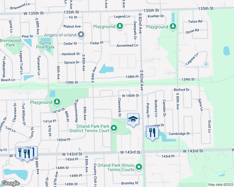 map of restaurants, bars, coffee shops, grocery stores, and more near 13958 Stonehenge Drive in Orland Park