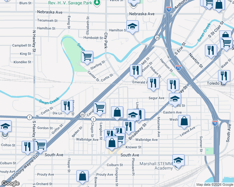 map of restaurants, bars, coffee shops, grocery stores, and more near 128 Marion Street in Toledo