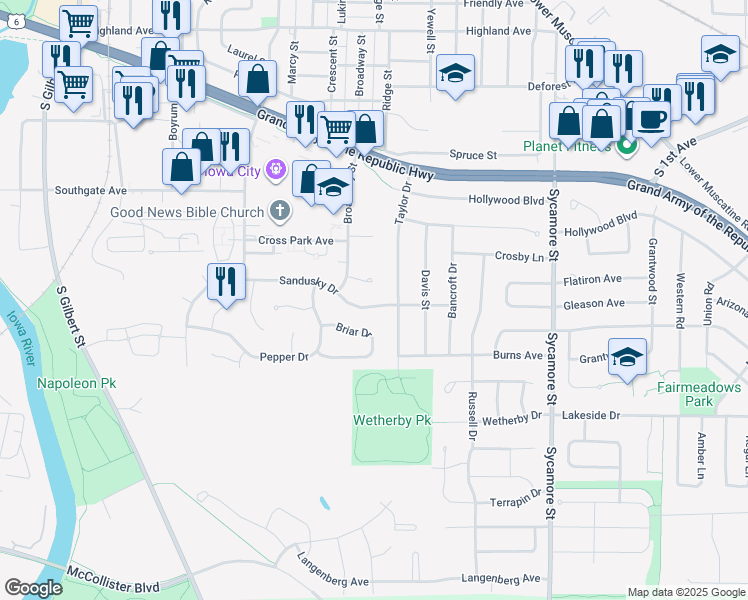 map of restaurants, bars, coffee shops, grocery stores, and more near 1120 Sandusky Drive in Iowa City