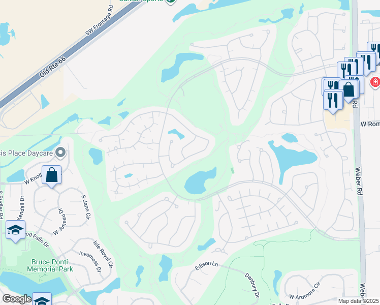 map of restaurants, bars, coffee shops, grocery stores, and more near 21361 West Sycamore Drive in Plainfield