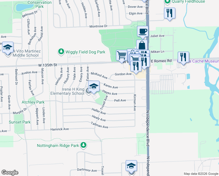 map of restaurants, bars, coffee shops, grocery stores, and more near 231 Karen Avenue in Romeoville