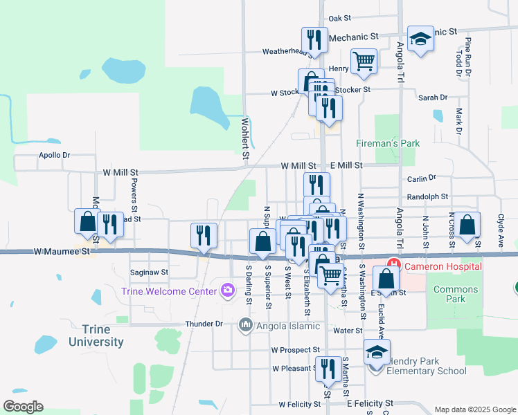 map of restaurants, bars, coffee shops, grocery stores, and more near 311 North Superior Street in Angola