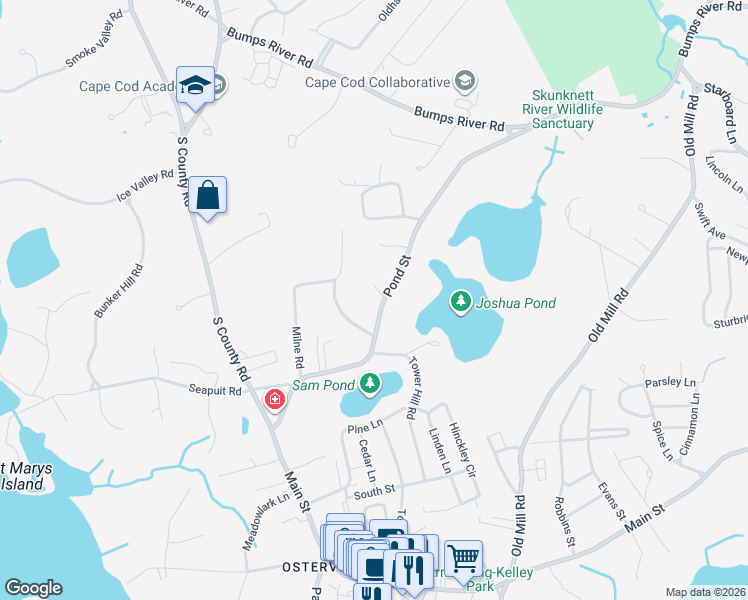 map of restaurants, bars, coffee shops, grocery stores, and more near 219 Pond Street in Barnstable