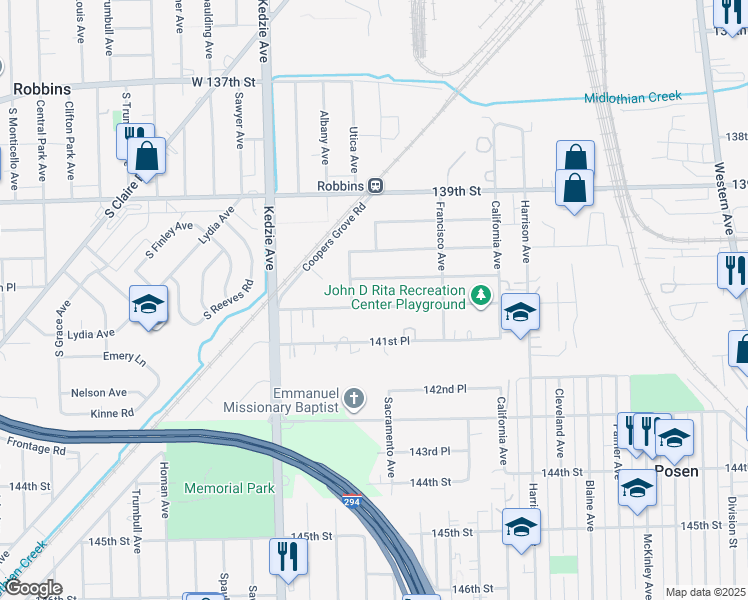 map of restaurants, bars, coffee shops, grocery stores, and more near 3018 141st Street in Blue Island