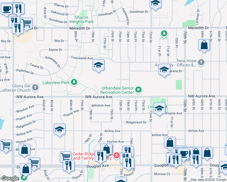 map of restaurants, bars, coffee shops, grocery stores, and more near 7605 Northwest Aurora Avenue in Urbandale