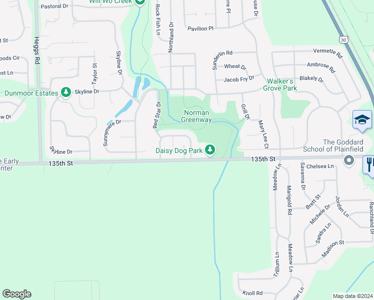 map of restaurants, bars, coffee shops, grocery stores, and more near 25451 West Gateway Circle in Plainfield