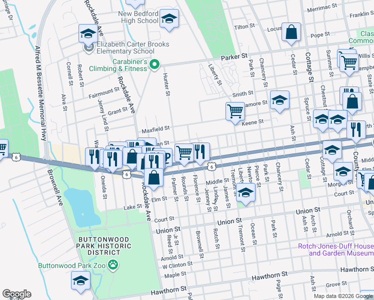 map of restaurants, bars, coffee shops, grocery stores, and more near 341 North Street in New Bedford