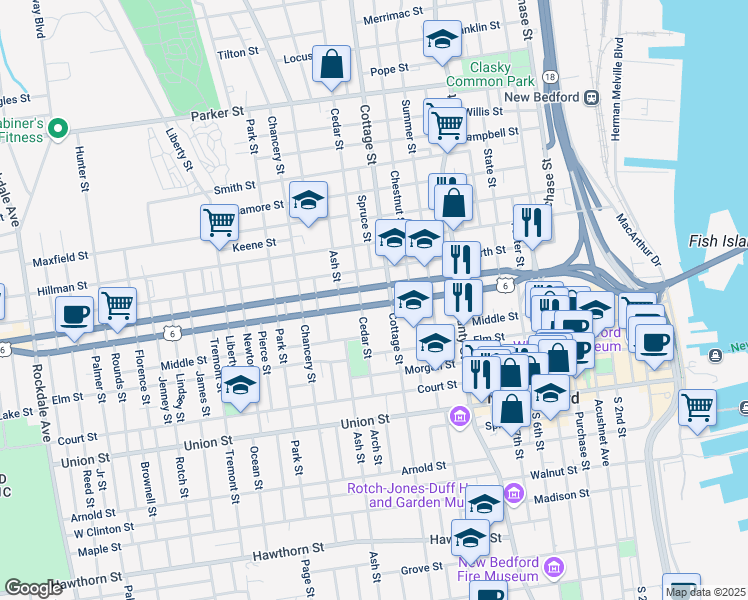 map of restaurants, bars, coffee shops, grocery stores, and more near in New Bedford