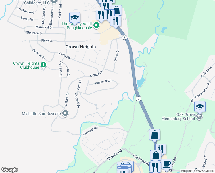 map of restaurants, bars, coffee shops, grocery stores, and more near 16 Cardinal Drive in Poughkeepsie
