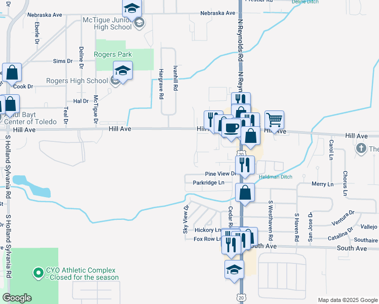 map of restaurants, bars, coffee shops, grocery stores, and more near 12 Hidden Valley Drive in Toledo