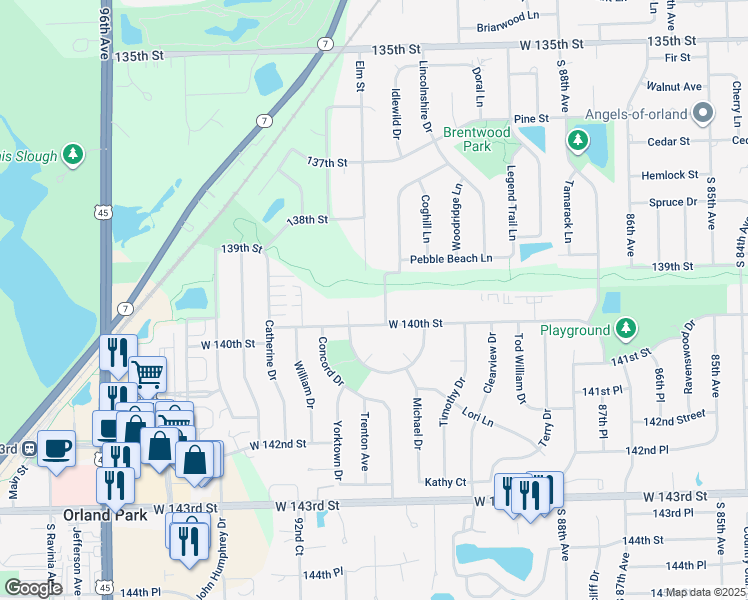 map of restaurants, bars, coffee shops, grocery stores, and more near 9114 West 140th Street in Orland Park