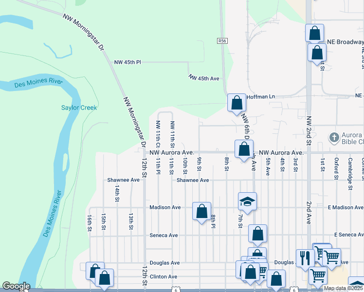 map of restaurants, bars, coffee shops, grocery stores, and more near 1005 Northwest Aurora Avenue in Des Moines