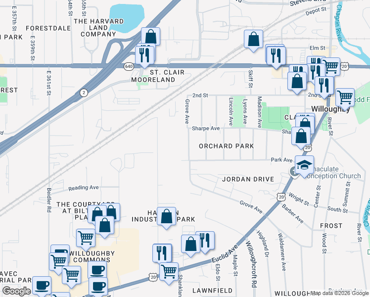 map of restaurants, bars, coffee shops, grocery stores, and more near 4292 Grove Avenue in Willoughby