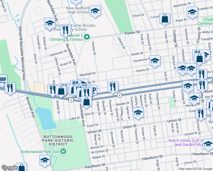 map of restaurants, bars, coffee shops, grocery stores, and more near 341 North Street in New Bedford