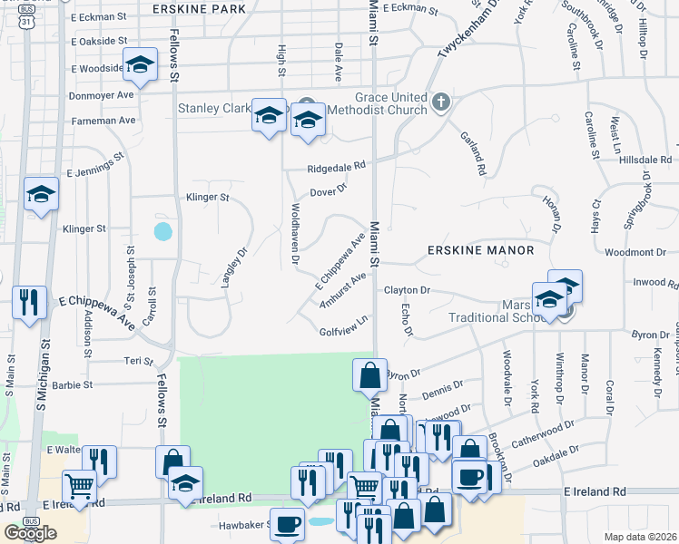 map of restaurants, bars, coffee shops, grocery stores, and more near 916 East Chippewa Avenue in South Bend
