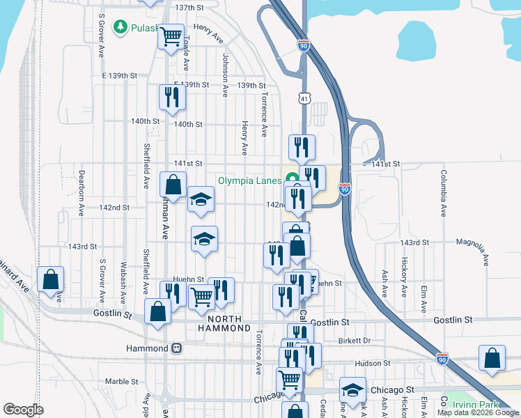 map of restaurants, bars, coffee shops, grocery stores, and more near 4214 Torrence Avenue in Hammond