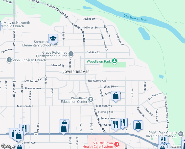 map of restaurants, bars, coffee shops, grocery stores, and more near 3330 Valdez Court in Des Moines