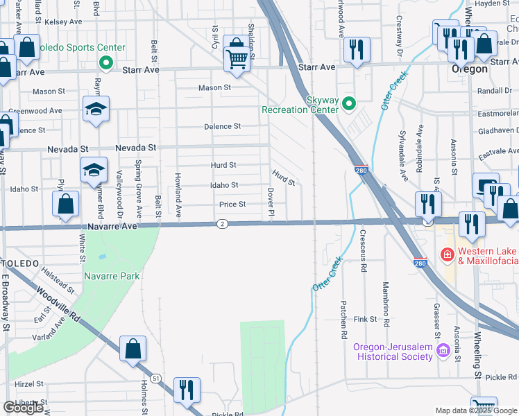 map of restaurants, bars, coffee shops, grocery stores, and more near 2074 Price Street in Toledo