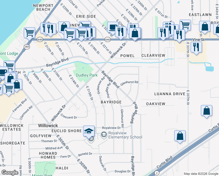 map of restaurants, bars, coffee shops, grocery stores, and more near 652 Glenhurst Road in Willowick
