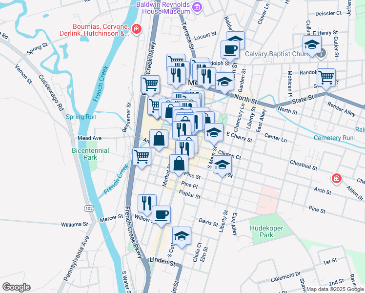 map of restaurants, bars, coffee shops, grocery stores, and more near 244 Arch Street in Meadville