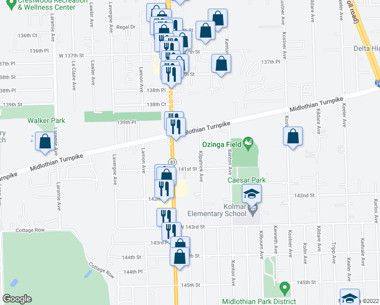 map of restaurants, bars, coffee shops, grocery stores, and more near 14036 Kilpatrick Avenue in Crestwood