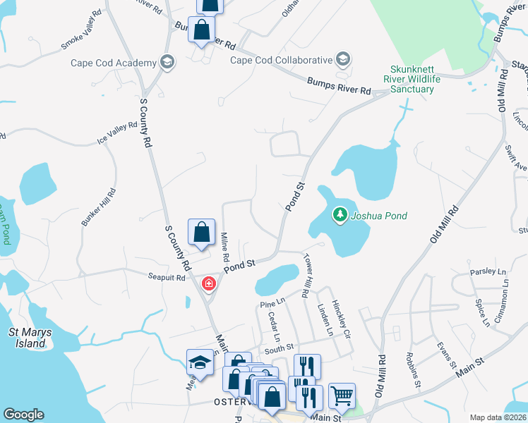map of restaurants, bars, coffee shops, grocery stores, and more near 40 Waterfield Road in Barnstable