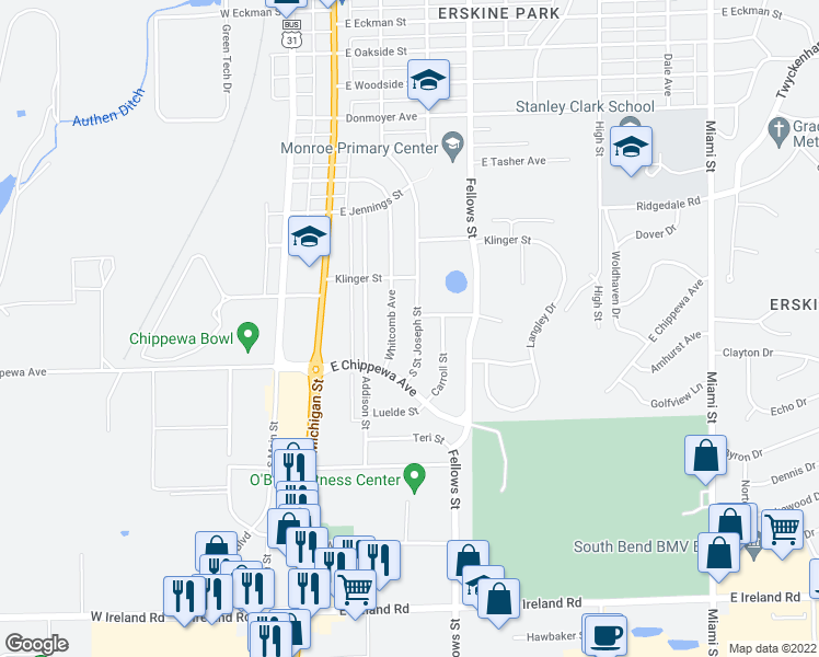 map of restaurants, bars, coffee shops, grocery stores, and more near 3629 South Saint Joseph Street in South Bend
