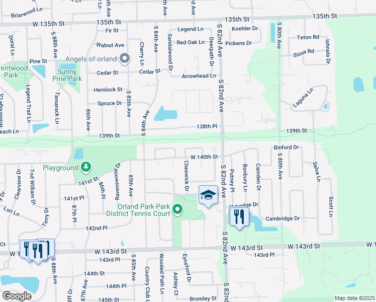 map of restaurants, bars, coffee shops, grocery stores, and more near 13958 Stonehenge Drive in Orland Park