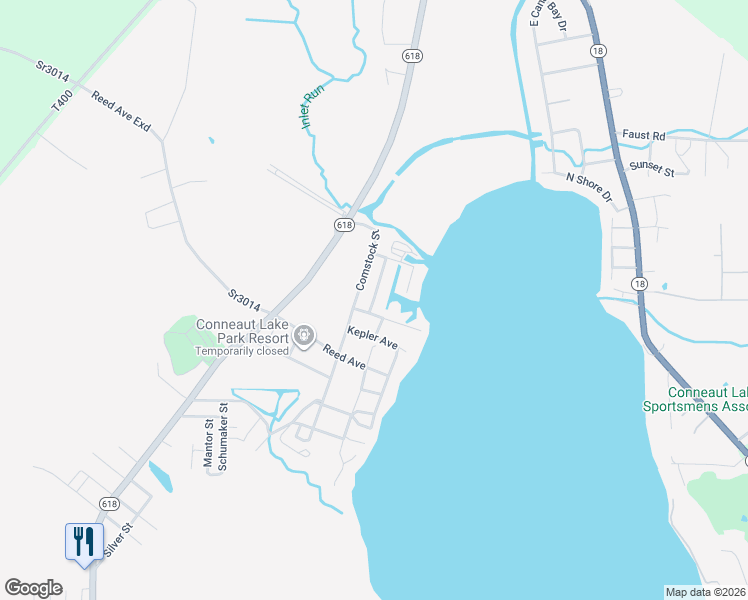 map of restaurants, bars, coffee shops, grocery stores, and more near 12628 Center Street in Conneaut Lake