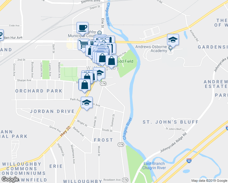 map of restaurants, bars, coffee shops, grocery stores, and more near 34881 Euclid Avenue in Willoughby