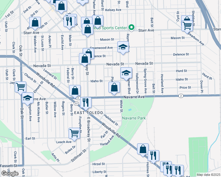 map of restaurants, bars, coffee shops, grocery stores, and more near 734 Plymouth Street in Toledo